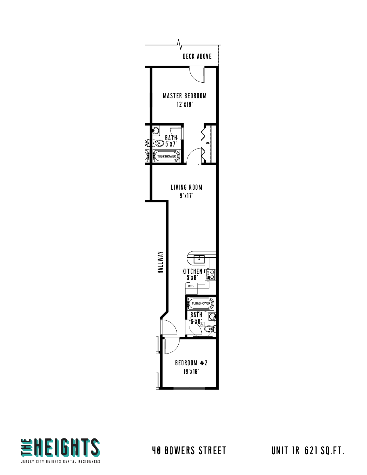 Floor plan for 2 beds, 2 baths, 621 sqft